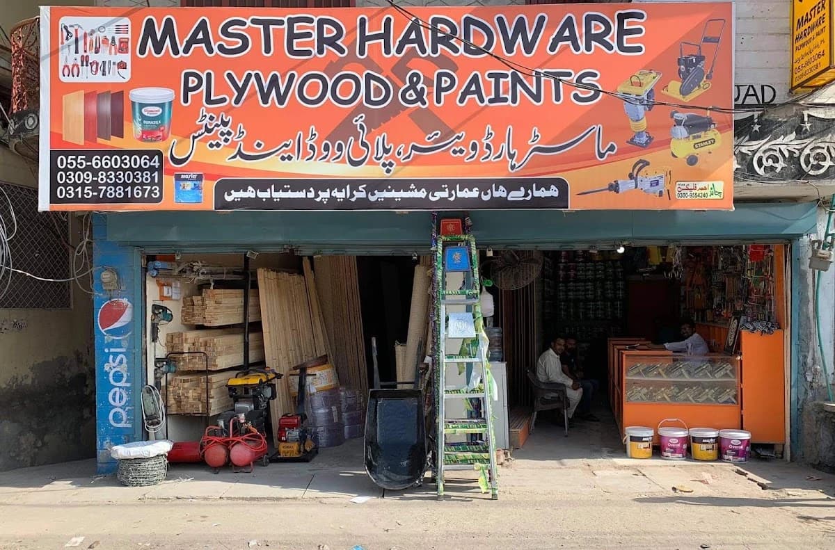Master Hardware Plywood & Paint shopfront, showing the entrance and business sign